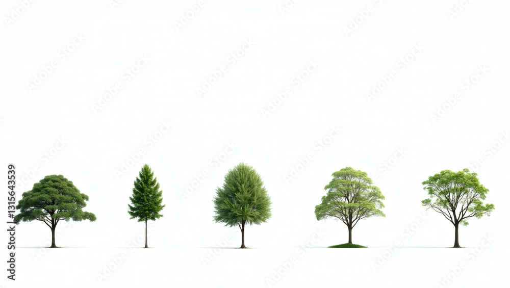 Poster a variety of five green trees in a row, symbolizing growth and natural beauty. each tree showcases a