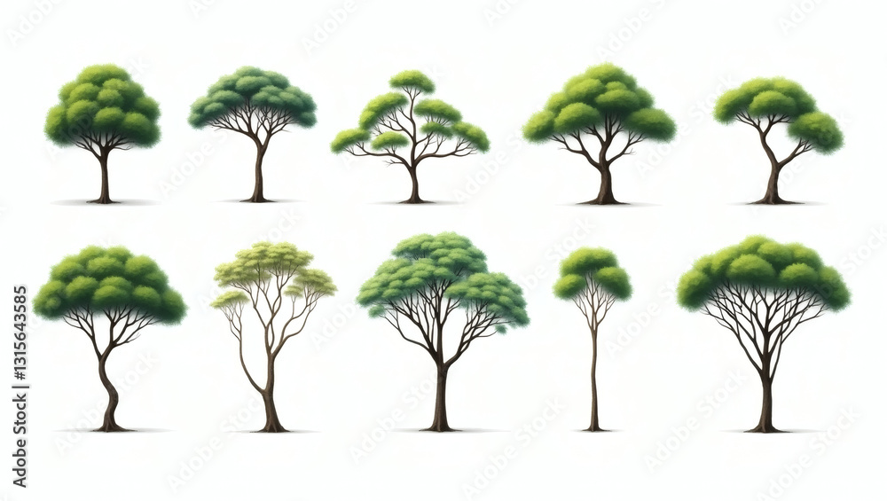 Poster a collection of various green trees in a row. Trees of different sizes and shapes, each with lush green foliage. Some trees stand alone, while others grow closely together.