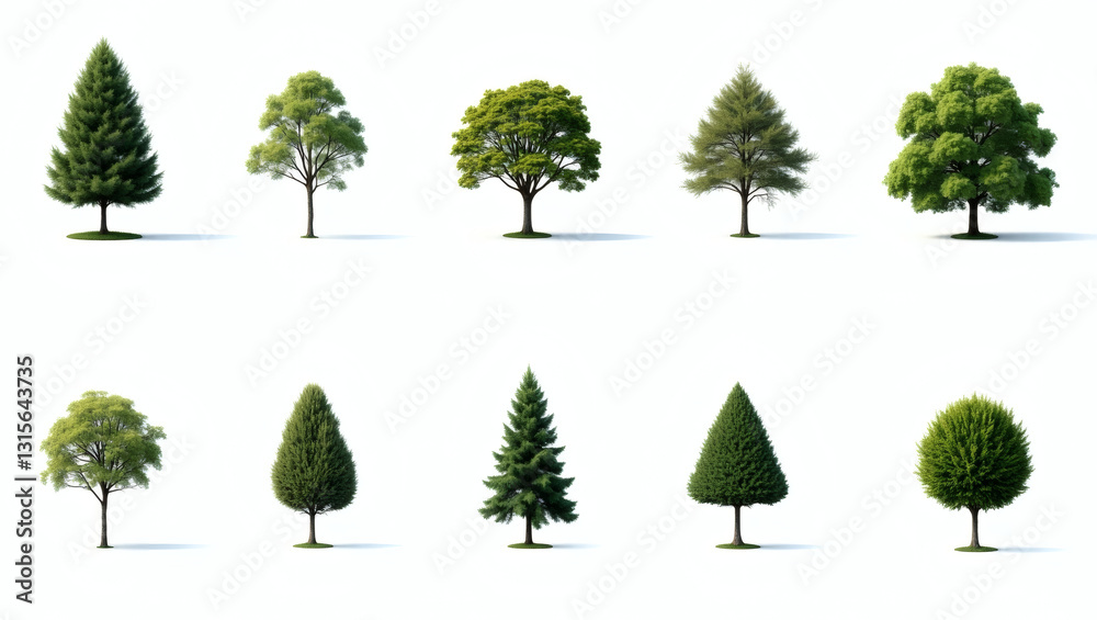 Poster a collection of various stylized trees in a row. The trees are of different types and shapes and there are many trees. 