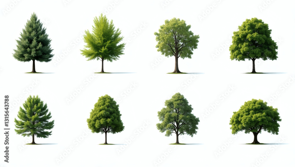 Poster a collection of different trees isolated, each showcasing unique shapes, sizes, and foliage, standin