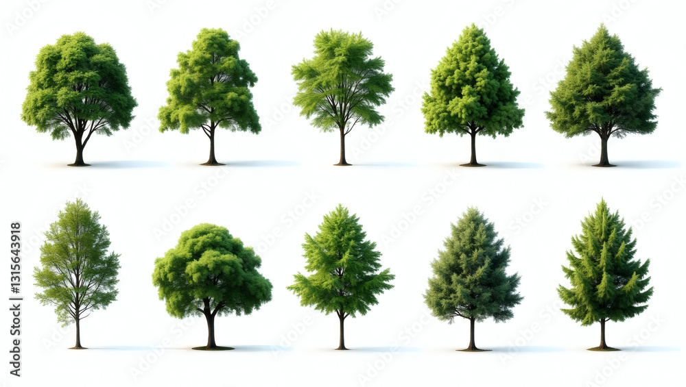 Poster a collection of green trees isolated on a light background, showcasing different shapes and sizes of foliage. The scene exudes natural beauty and environmental harmony