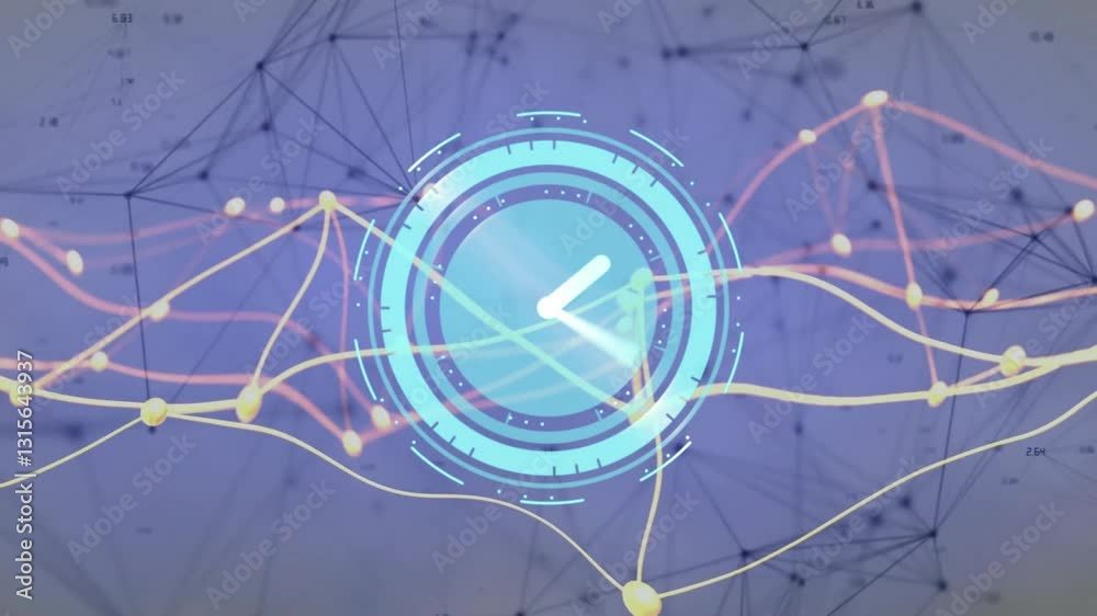 Poster digital clock animation over abstract network of interconnected lines and nodes