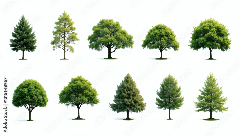 Poster a collection of different type of trees and their features. This collection offers diverse species and variations, perfect for various creative and design applications