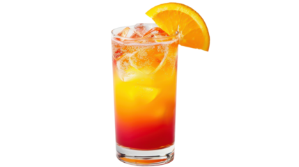 Refreshing tequila sunrise cocktail with orange slice and ice on transparent background