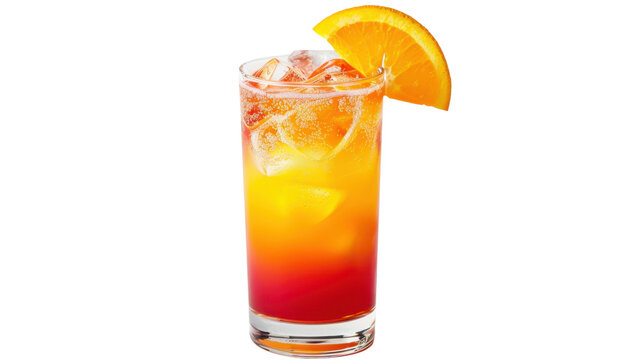 Refreshing tequila sunrise cocktail with orange slice and ice on transparent background