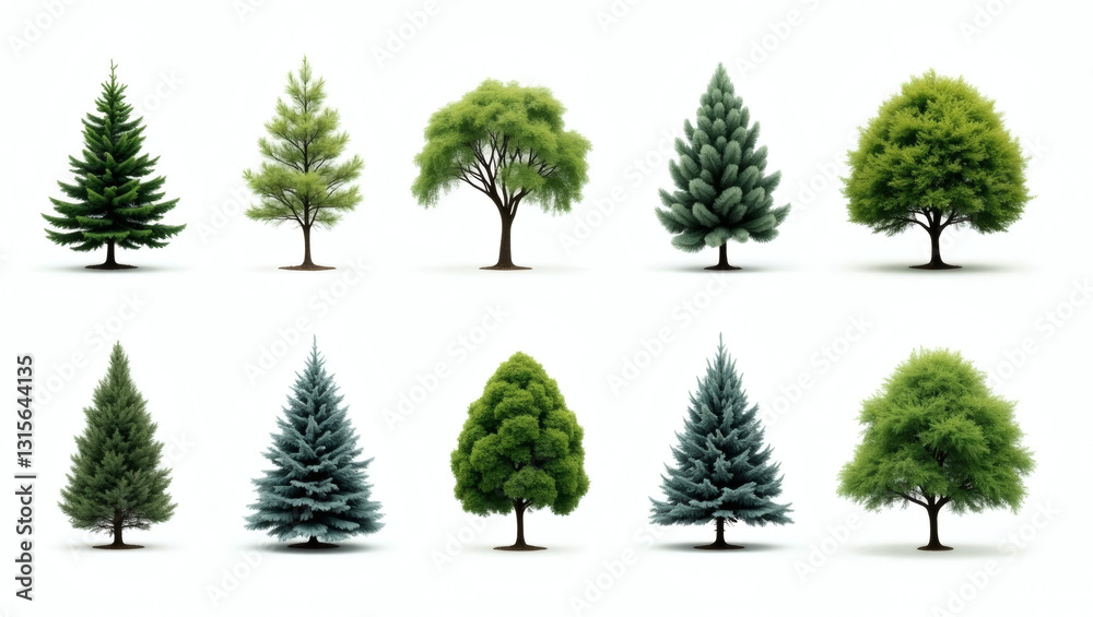 Poster a collection of diverse trees, showcasing various shapes and foliage against a simple background. th