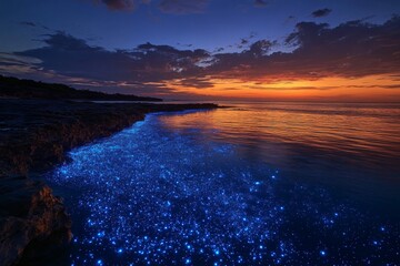 Bioluminescent Beach at Sunset: A mesmerizing scene of glowing blue bioluminescence illuminating the shoreline under a colorful sunset sky, creating a magical coastal landscape.