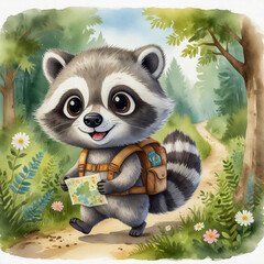 whimsical watercolor illustration of a joyful raccoon wearing a tiny backpack, exploring a forest trail