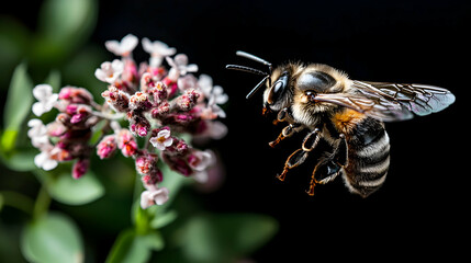 A honeybee approaches some beautiful small white and purple flowers