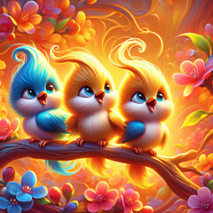 Naklejka premium Three Playful Birds with Wispy Feathers on Blooming Branch