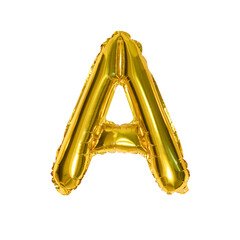 A – A golden balloon in the shape of the letter "A" on a white background. A bright and stylish party element.  It features a shiny, metallic surface, making it an eye-catching element for celebration