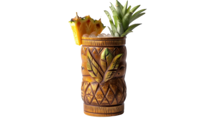 Tropical tiki cocktail decorated with pineapple slice and leaves on transparent background