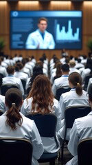 Large group of medical professionals in white lab coats attending a healthcare conference or educational seminar, focused on a presentation with charts and data on a big screen.

