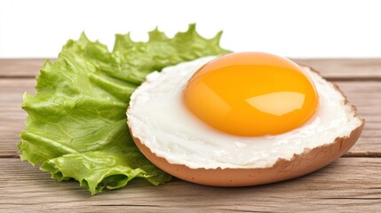 Fototapeta premium Fried egg served with lettuce on a wooden table for breakfast, ingredient illustration, diet