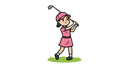 Cartoon Golfer Girl in Pink Ready to Swing
