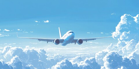 Naklejka premium Airplane Soaring Above Fluffy Summer Clouds in Clear Sky