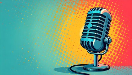 Pop art-style colorful background featuring a microphone and radio podcast logo with a retro comic vibe