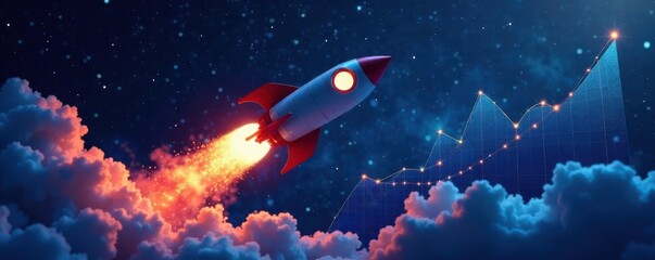 Fototapeta premium A rocket soaring through space with a futuristic chart on a dark blue background , finance, innovation, technology