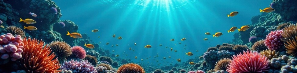 Naklejka premium A school of fish swimming in the ocean beneath a coral reef, aquatic, nautical, fish