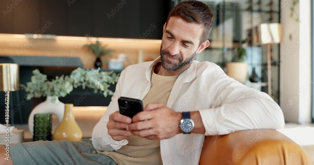 Poster house, smile and man on couch, cellphone and typing with internet, connection and app. happy person,