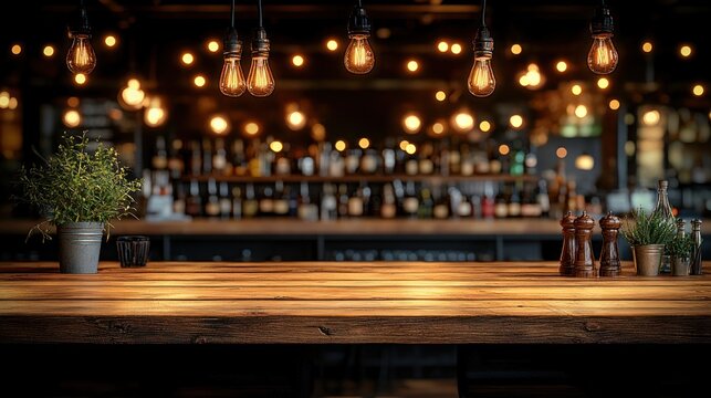 Empty wooden bar top in a dimly lit restaurant