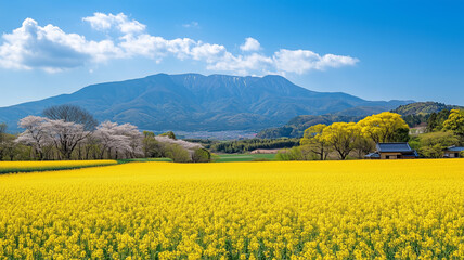 日本の春を彩る広大な菜の花畑と青空のコントラスト