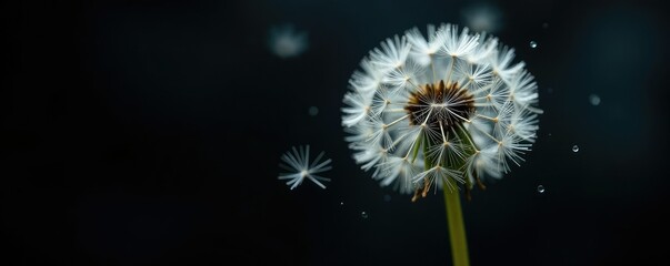 Delicate dandelion droplets on dark black background, photography,, drop