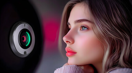A beautiful woman gazes at the camera with a thoughtful expression