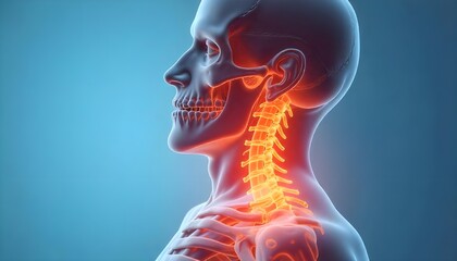 Illustration of the human body focusing on the neck skeleton, highlighting pain caused by cervical spondylosis, herniated disc, or muscle strain
