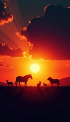 animals in silhouette against sunrise background, wildlife photography, sunset, nature