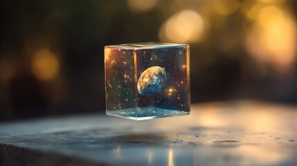A glass cube containing a miniature universe, floating in mid-air