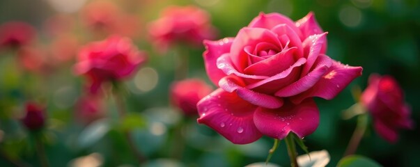 Droplets of dew on the velvety soft rose flowers in a garden bed, spring, garden, roses