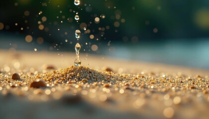 Droplets of liquid falling onto fine grain sand, rain, water