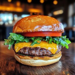 Juicy cheeseburger with lettuce tomato on a wooden table