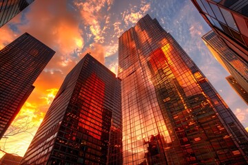 Obraz premium A low angle view of tall skyscrapers reflecting the colorful orange and pink hues of a setting sun, Towering skyscrapers reflecting the setting sun's warm hues