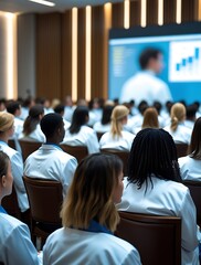 Large group of medical professionals in white lab coats attending a healthcare conference or educational seminar, focused on a presentation with charts and data on a big screen.

