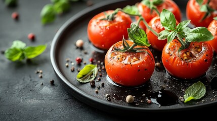 Vibrant Plate of Fresh Tomatoes Garnished with Fragrant Basil and Spicy Pepper for Culinary Delight