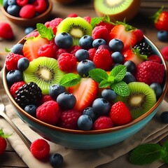 Obraz premium Fresh fruit salad in a bowl on a marble table viewed from the front
