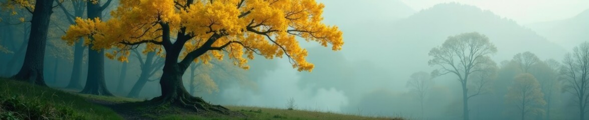 Fototapeta premium isolated ginkgo tree in misty forest environment, natural scenery, ginkgo foliage