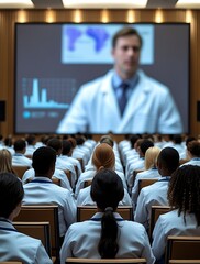 Large group of medical professionals in white lab coats attending a healthcare conference or educational seminar, focused on a presentation with charts and data on a big screen.

