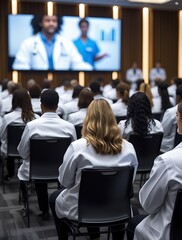 Large group of medical professionals in white lab coats attending a healthcare conference or educational seminar, focused on a presentation with charts and data on a big screen.

