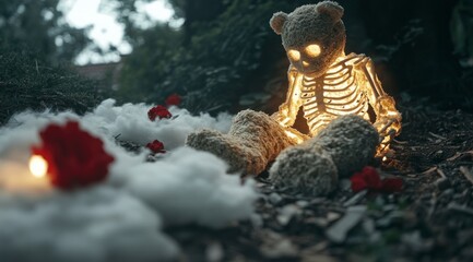 Fototapeta premium Glowing Skeleton Teddy Bear in Misty Cloudscape