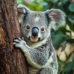 Obraz premium Cute Koala Bear looking directly at the camera while climbing a tree trunk