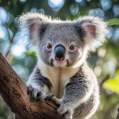 Fototapeta premium Cute Koala Bear Close-up Sitting on Tree Branch in Australian Bush with Bokeh Background