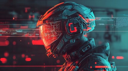 Futuristic Soldier Immersed in Data Streams: Advanced Technology and Warfare
