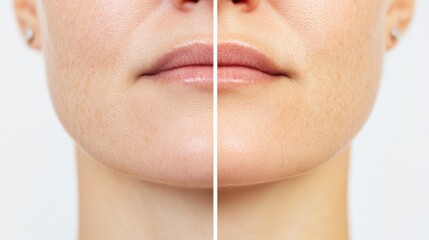 A close-up of the face of a woman with clear, smooth skin after dermatological treatment, such as laser hair removal or cosmetic surgery.