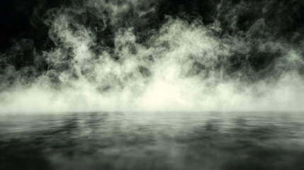 Fototapeta premium Dramatic smoky scene with a reflective surface. Perfect for adding atmosphere to film, game design, or album art. The moody grayscale palette creates a mysterious and evocative mood.