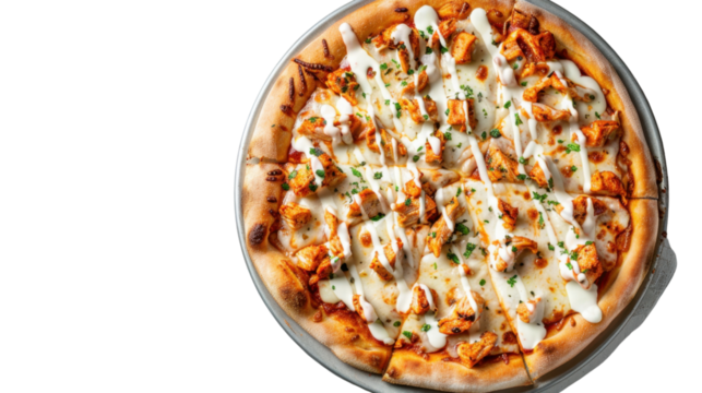 Delicious chicken pizza with white sauce and parsley on transparent background