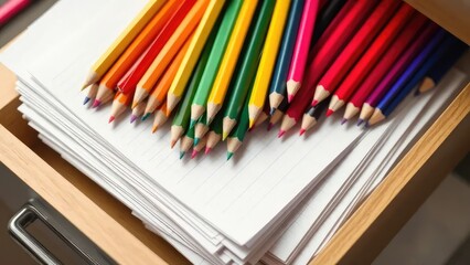 Colorful pencils and crayons stored in a desk drawer on top of a stack of white lined papers, office_supply, writing_tool, storage_container