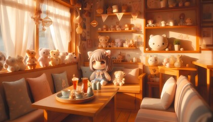 Fototapeta premium Inviting anime-style cafe with cute decorations and slice of life atmosphere